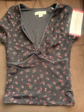 Aeropostale Black Floral Tie-Front Mesh Top
